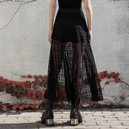 Women's Daily A Shape Mid-length Grid Mesh Forks Pantskirt Gothic Elastic Waist Sexy Casual Long Skirt