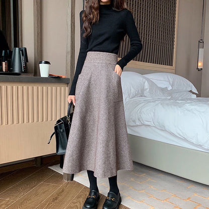 Autumn Winter Knitting Double Pocket Fluffy Loose Wool Leisure Skirt