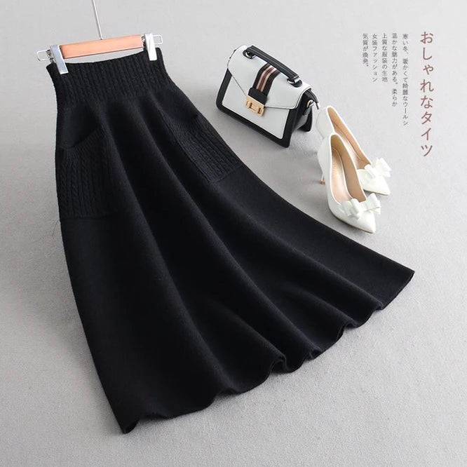 Autumn Winter Knitting Double Pocket Fluffy Loose Wool Leisure Skirt