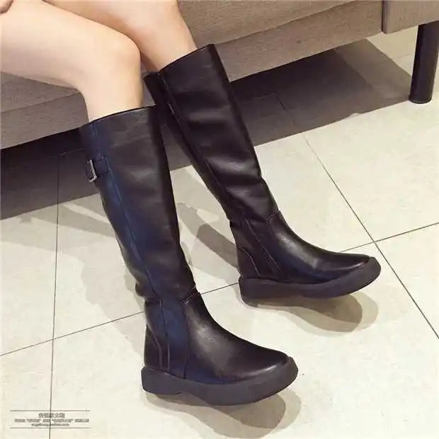 2024 Zipper Solid Winter Casual Fleeces Leather Flat Knee High Boots