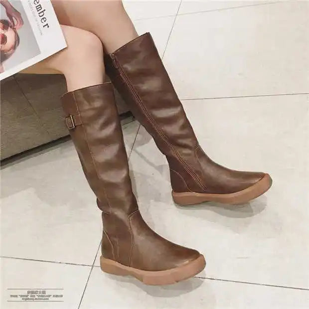 2024 Zipper Solid Winter Casual Fleeces Leather Flat Knee High Boots