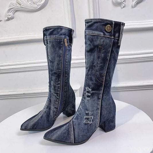 2024 Chunky Denim Block Heels Winter Fashion Cowboy Western Knee High Boots