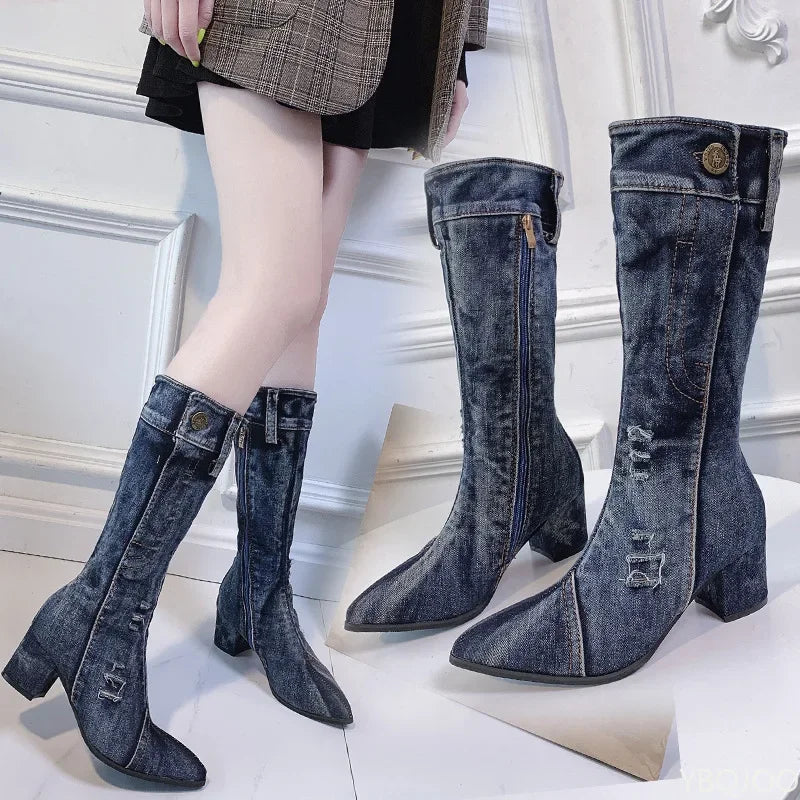 2024 Chunky Denim Block Heels Winter Fashion Cowboy Western Knee High Boots