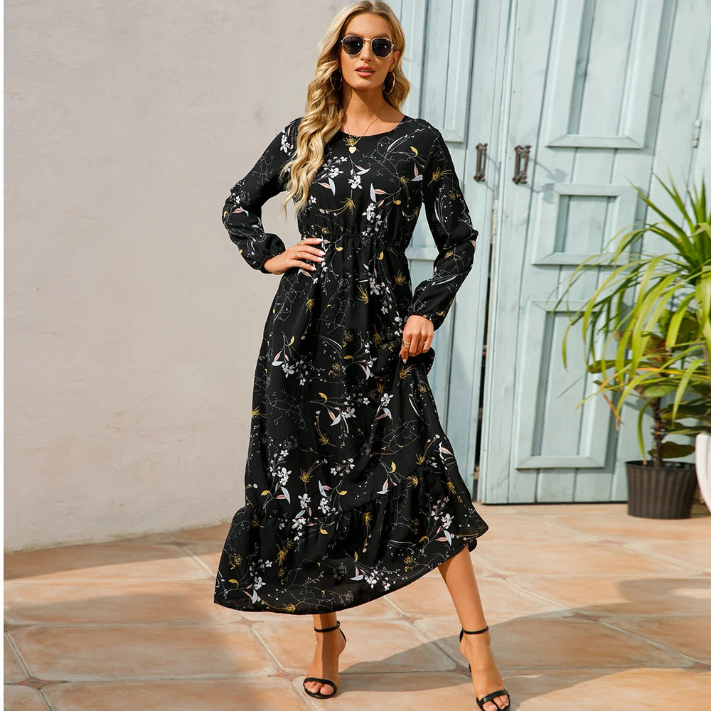 Sping Bohemian Women Maxi Casual Long Sleeve High Waist Chiffon Midi Dresses