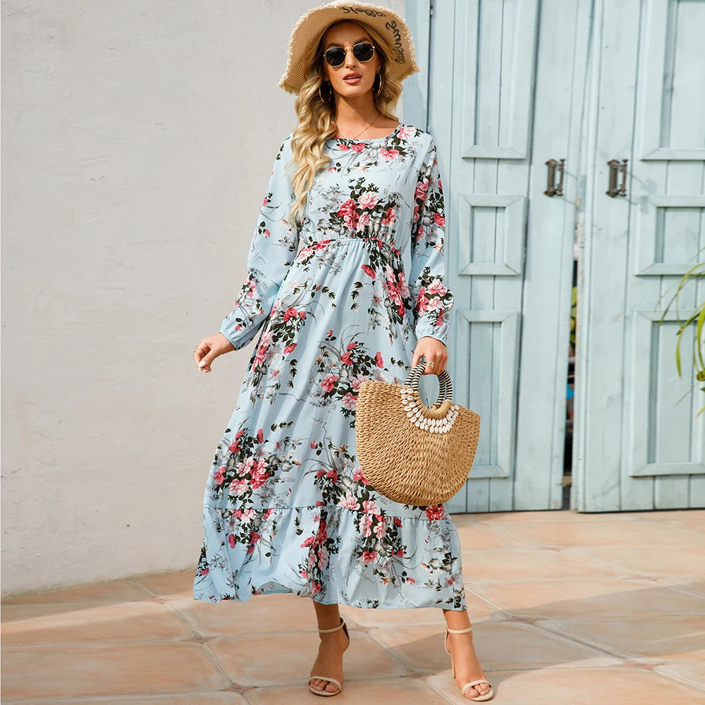 Sping Bohemian Women Maxi Casual Long Sleeve High Waist Chiffon Midi Dresses