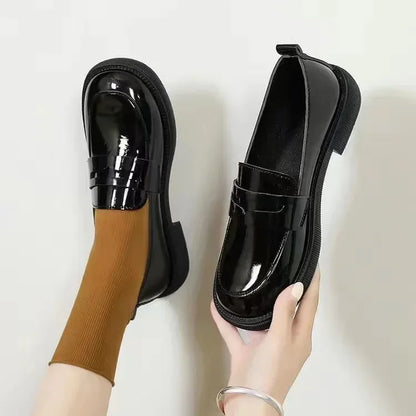 Black Leather Slip On British Style Low Heels Spring Platform Casual Flats Loafers