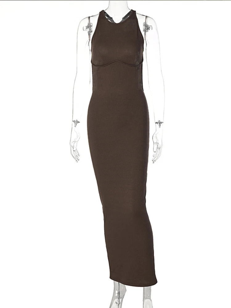 Spring Sexy Backless Elegant Evening Birthday Brown Long Midi Dresses