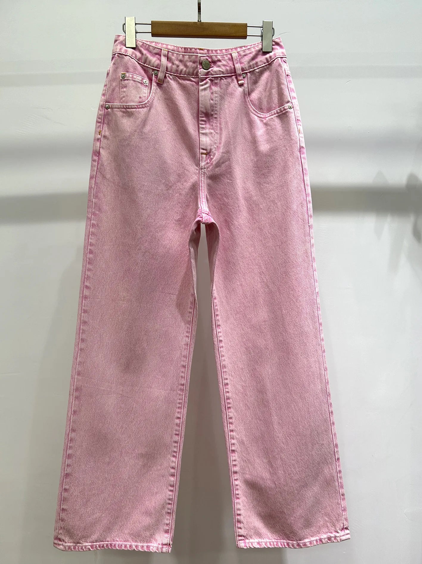 New Elastic Pink Colored Denim Low Waist Straight Jeans