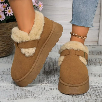 2024Fashion Plush Flat Shoes Women Suede Round Toe Solid Color Women Snow Boots Warm Flat Non-slip Women Ankle Boots Botas Mujer