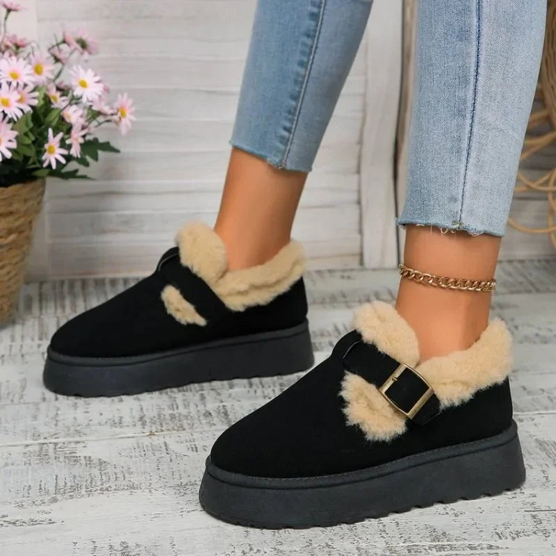 2024Fashion Plush Flat Shoes Women Suede Round Toe Solid Color Women Snow Boots Warm Flat Non-slip Women Ankle Boots Botas Mujer