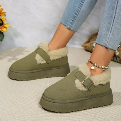 2024Fashion Plush Flat Shoes Women Suede Round Toe Solid Color Women Snow Boots Warm Flat Non-slip Women Ankle Boots Botas Mujer