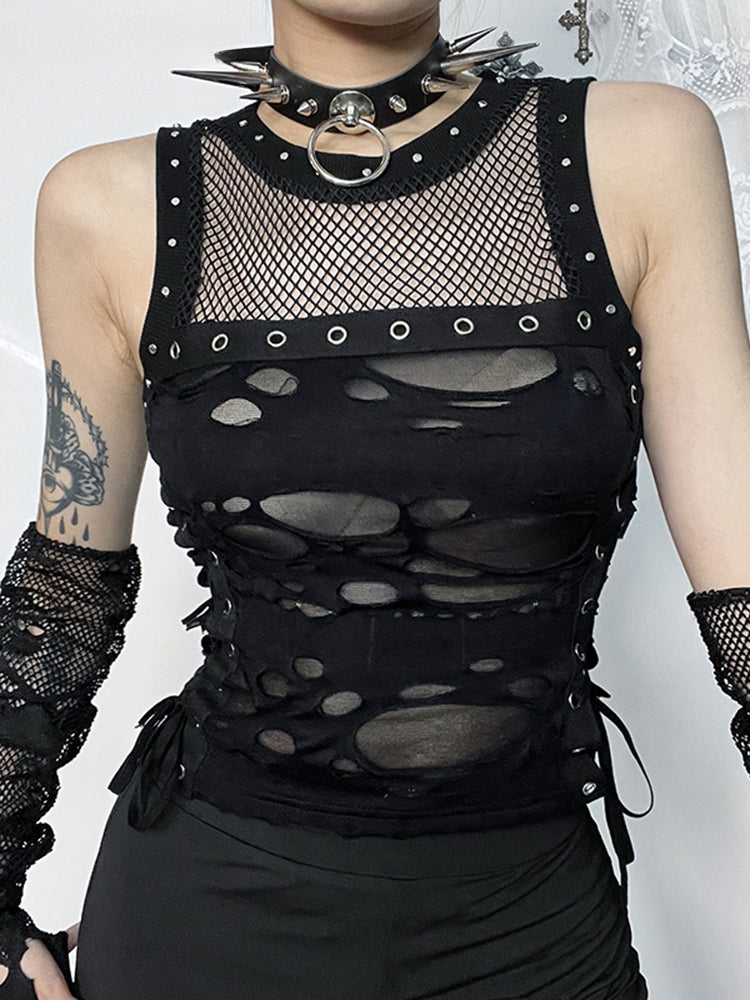 2024 Mall Gothic Sexy Hole See Through Lace-up Streetwear Cyber Punk Rave Fashion Crop Top