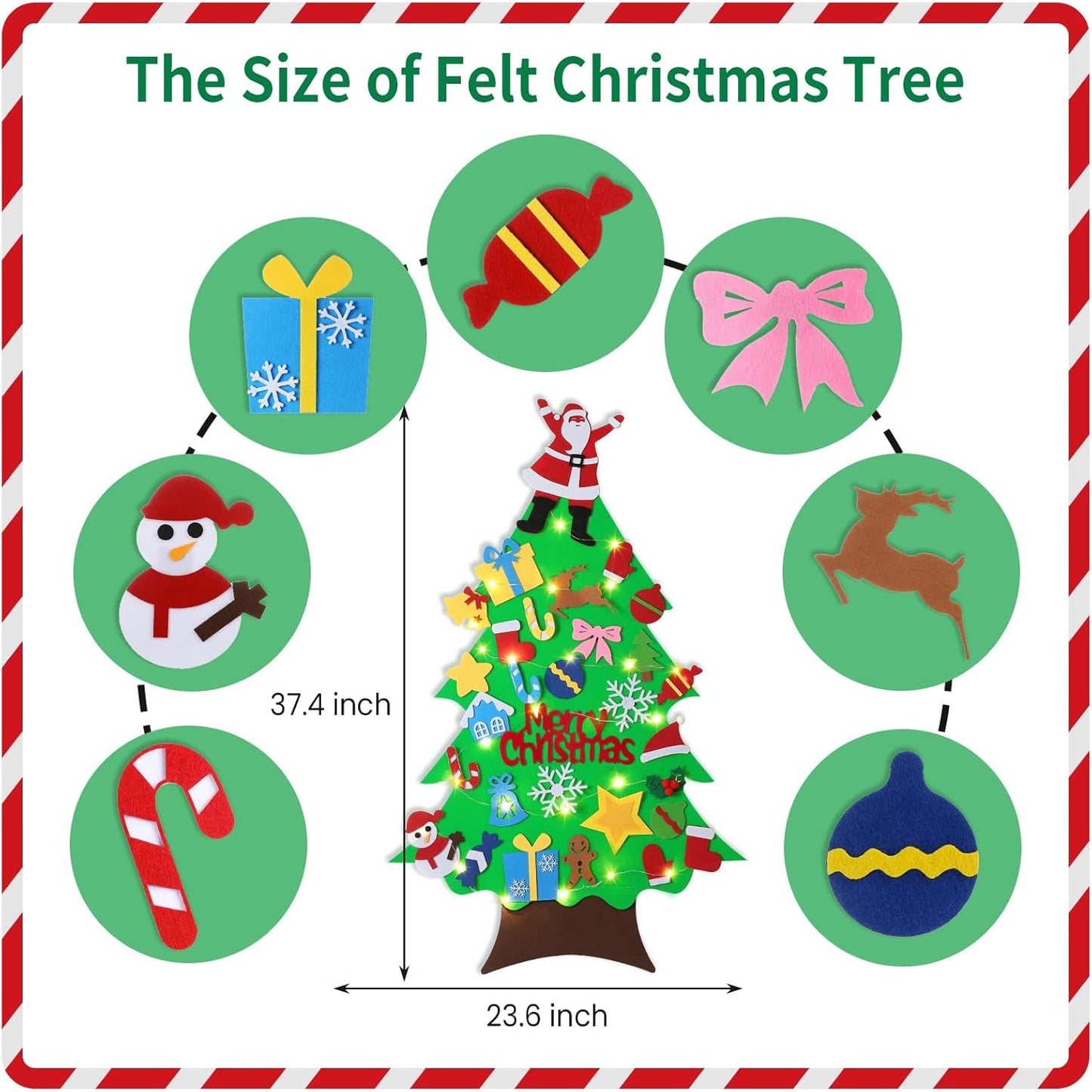 Felt Christmas Tree Kit - 3.0ft with 30 Detachable Decorations and String Light - Wall Hanging Christmas Gifts