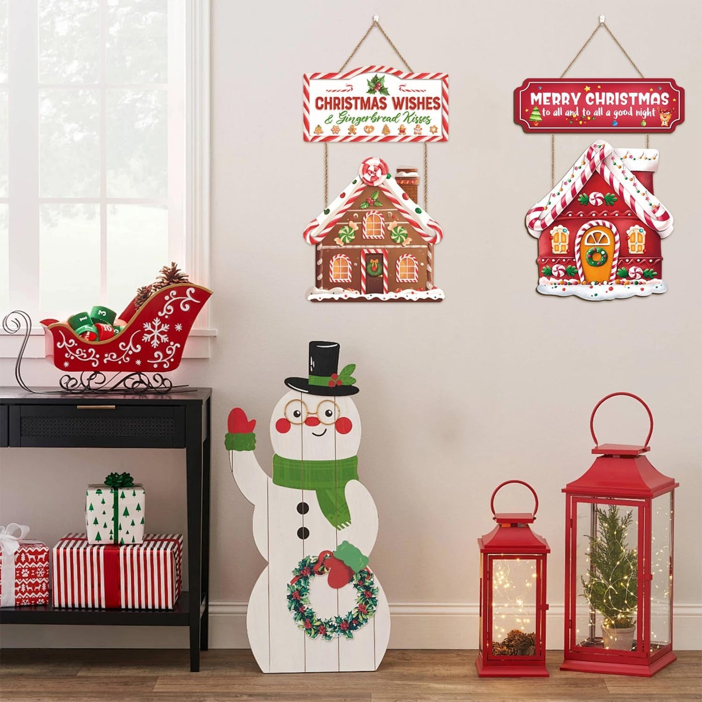 Christmas Wreath Candy Cane Wall Decor Gingerbread Bakery House Wood Signs Set - 12”X17” - Red Hang Decorations