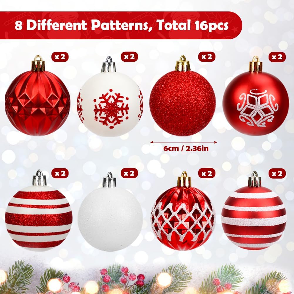 Red and White Christmas Ball Ornaments - 16 Piece Set