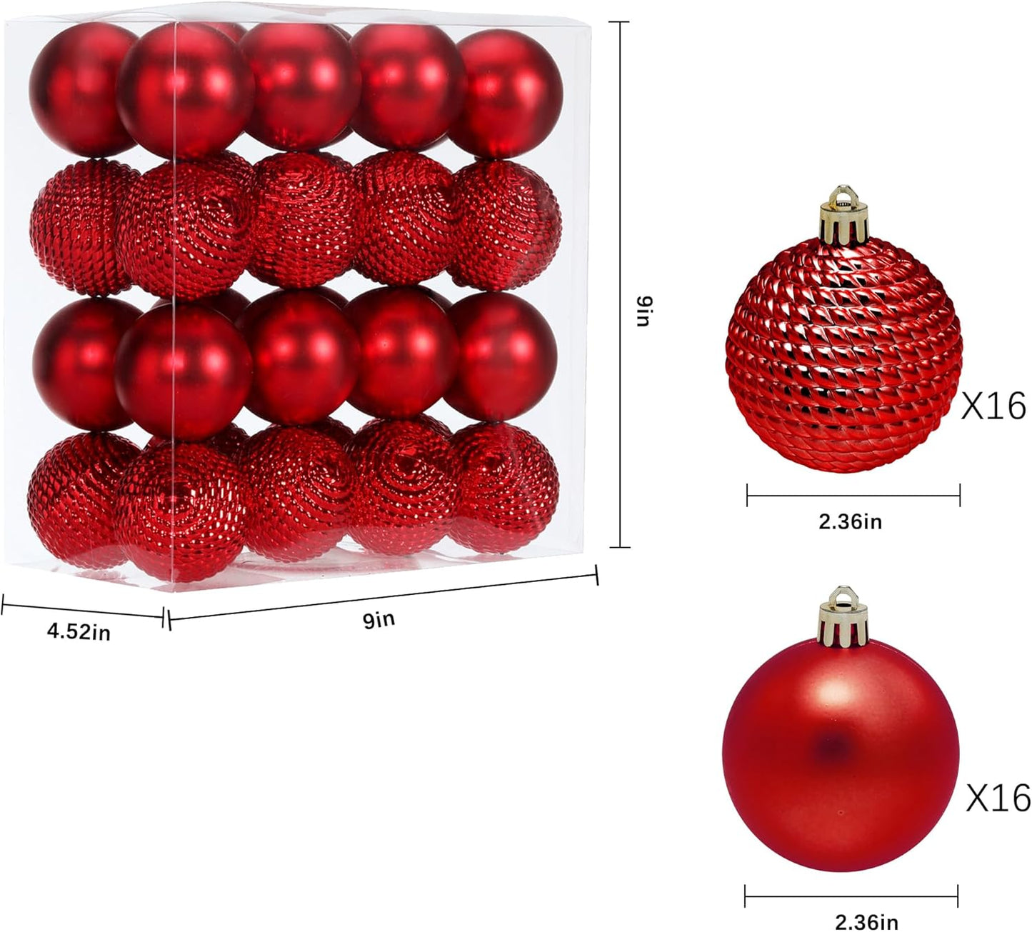 Shatterproof Red Christmas Ball Ornaments - Set of 32 Pieces for Xmas Tree