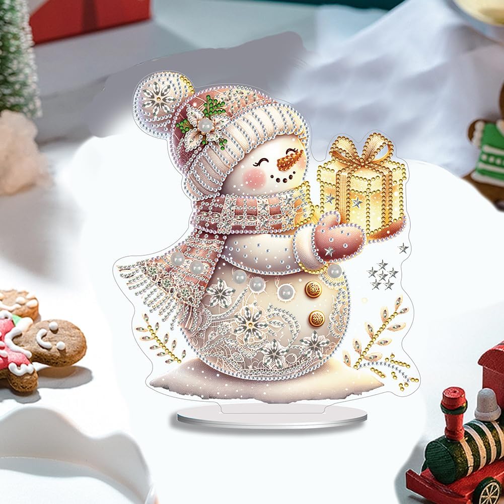 Christmas Snowman Diamond Art Tabletop Kit - Special Shape and Round Diamonds - Acrylic Xmas Decor DIY Crafts Gift