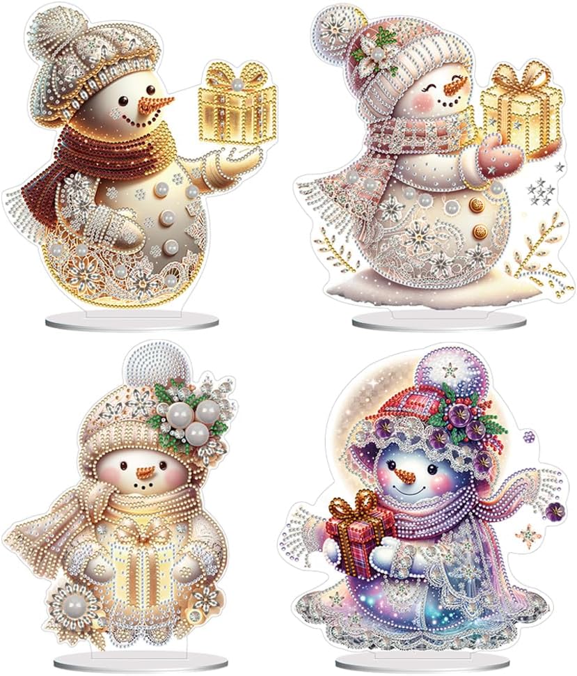 Christmas Snowman Diamond Art Tabletop Kit - Special Shape and Round Diamonds - Acrylic Xmas Decor DIY Crafts Gift