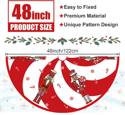 Red Christmas Tree Skirt with Candy Cane and Nutcracker Decorations - 48"