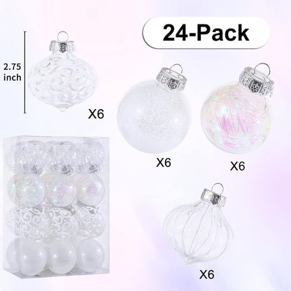 24ct Clear White Plastic Shatterproof Christmas Ornaments Set with Delicate Stuffed Decorations