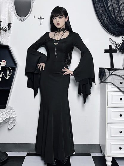 Halloween Sheath Witch Vintage Batwing Sleeve V Neck Long Mermaid Formal Evening Dress