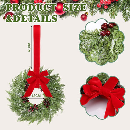 Christmas Wreath Decorations with Red Ribbon - Farmhouse Decor for Front Door, Window, Chair, Wall - Set of 6