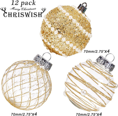 Shatterproof Clear Large Plastic Christmas Tree Decorations - Set of 12