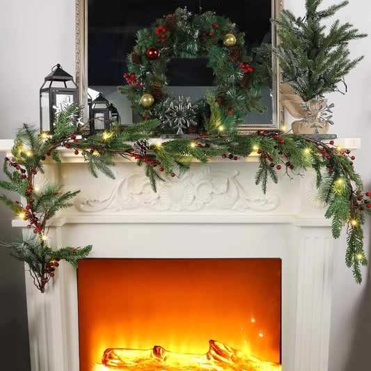 Pre-lit Artificial Christmas Garland with LED Lights, Battery Powered - Pine Cones, Red Berries, Pine Needles - Fireplace Mantle Holiday Decorations