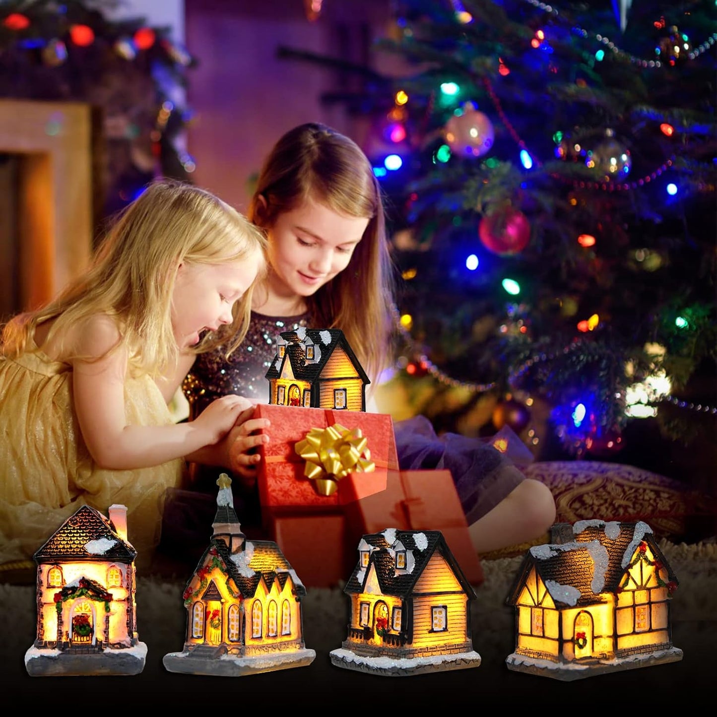 Xmas Lantern Decorative Resin House Figurine Set with LED Light for Kids - Set of 4