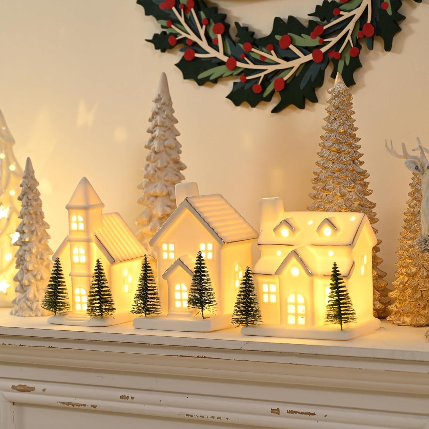 Ceramic White Christmas Village Houses with LED Lights and Trees - Set of 3