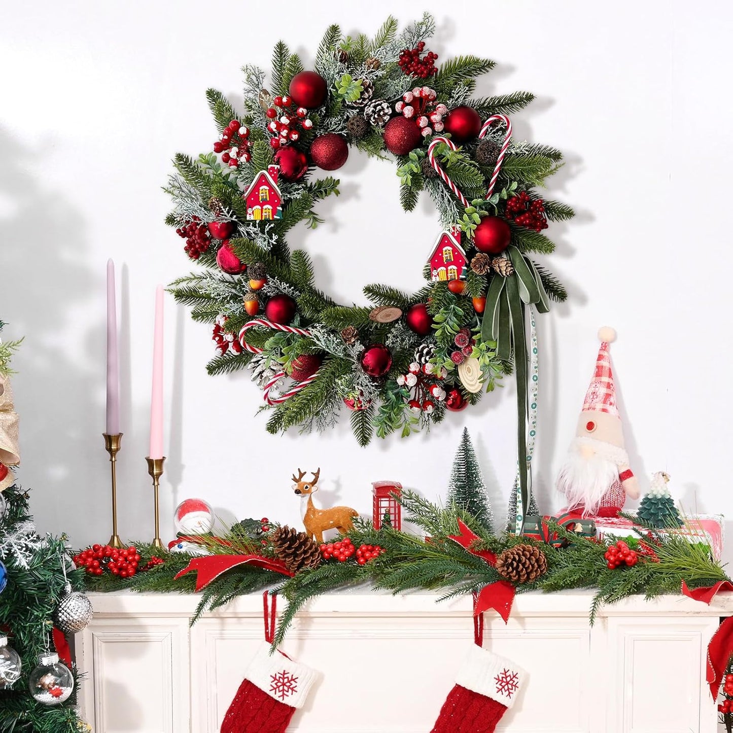 Christmas Wreath with Candy Canes, Ornaments, Pine Cones, Berries & Bow - Indoor/Outdoor Wall Decor