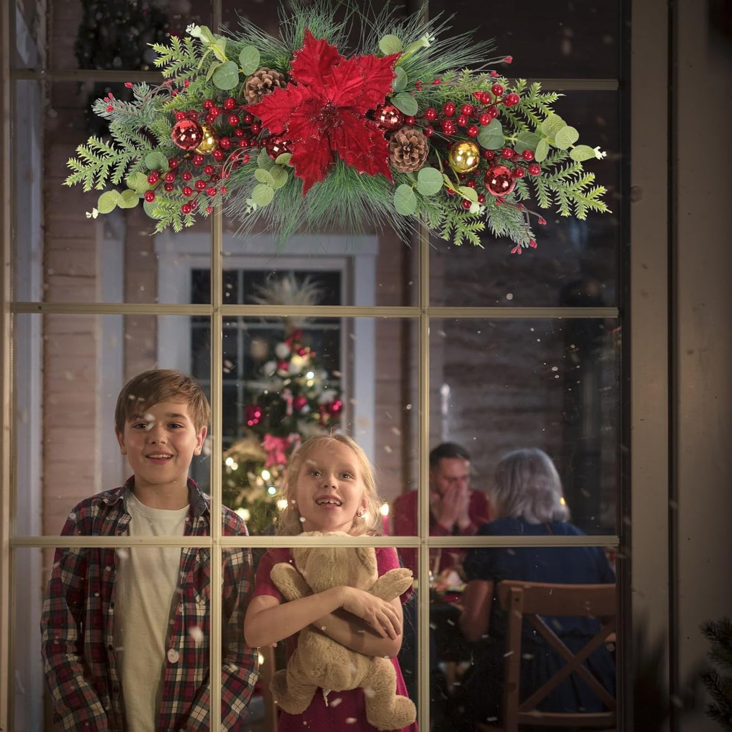 Xmas Greenery Swag with Red Berries, Pine Cones, and Poinsettias Flower for Front Door