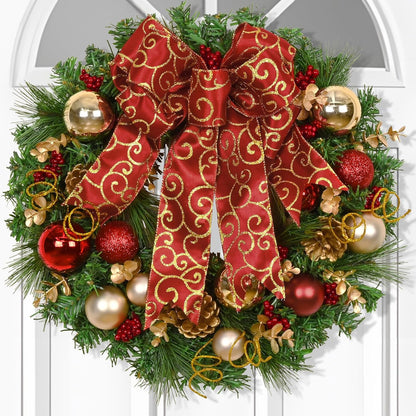 Christmas Wreath with Red Bow and Christmas Ball Decorations - Front Door and Home Wall Windows