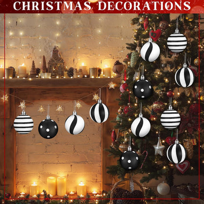 Black and White Christmas Ball Ornaments - Fresh Style, Set of 12