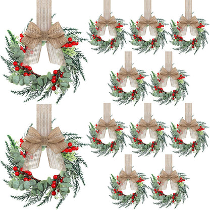 Christmas Wreath Decorations with Burlap Ribbon - Mini Farmhouse Wreaths for Kitchen Cabinet, Pillars, Front Door, Window, Chair, and Wall