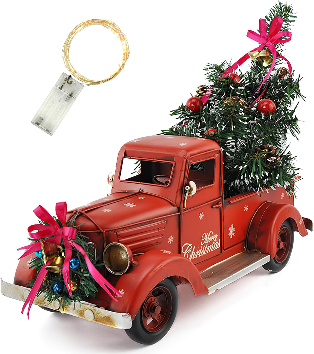 Red Metal Truck Model with Christmas Tree Ornaments, Bell, and String Light - Table Top Xmas Decor and Fireplace Collectible Vehicle