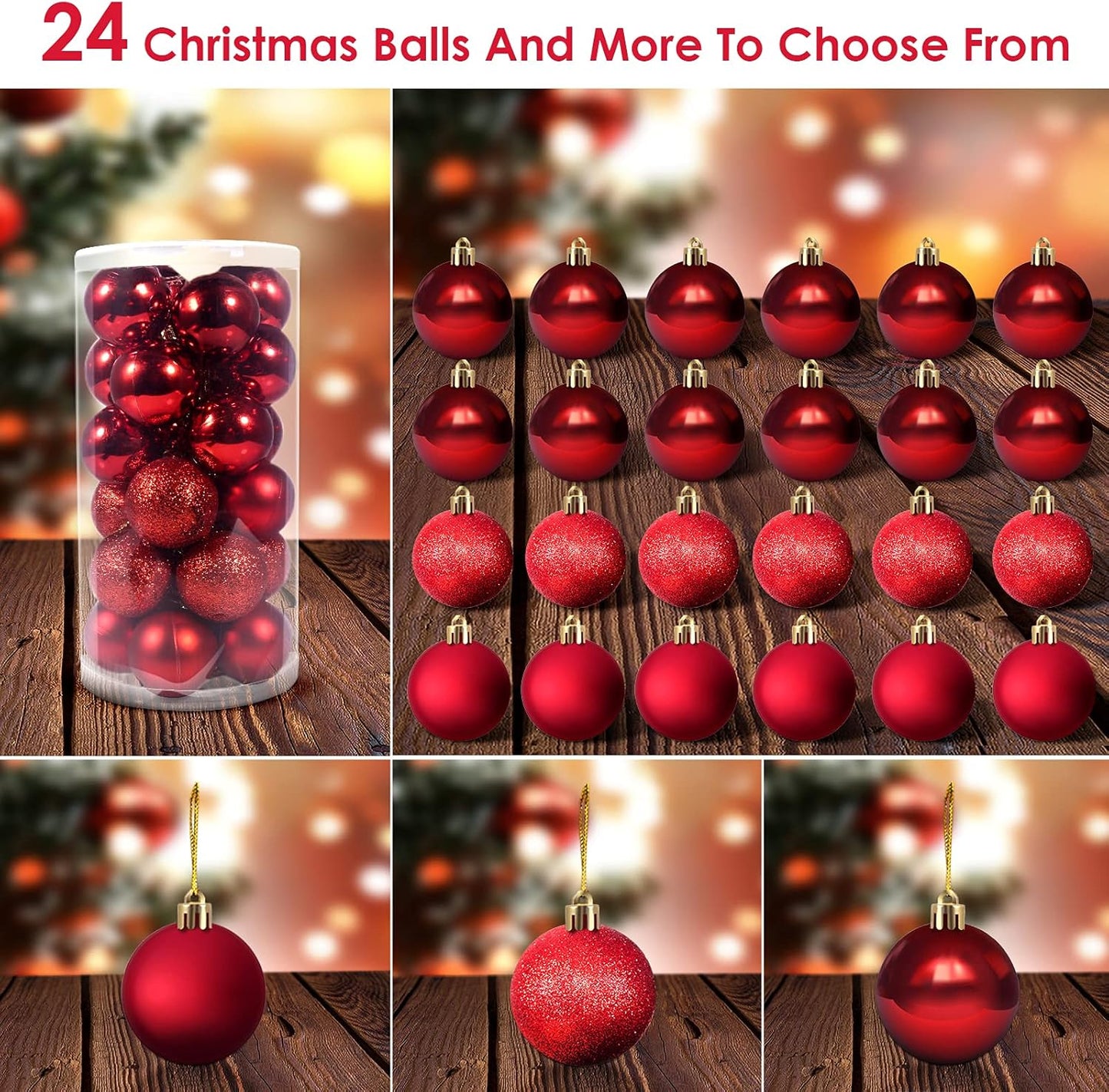 Shatterproof Red Christmas Ball Ornaments - 24pcs, 3 Styles