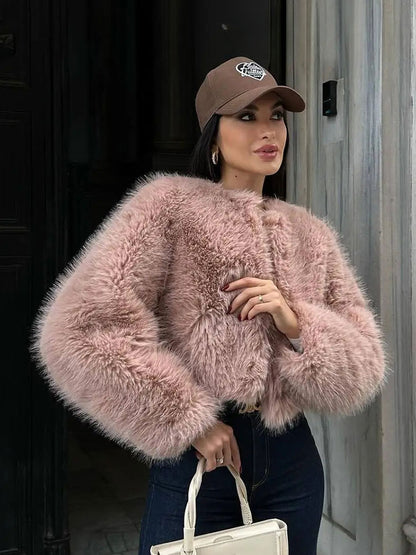 Faux Elegant Pink Loose Long Cardigan Luxury High Coat