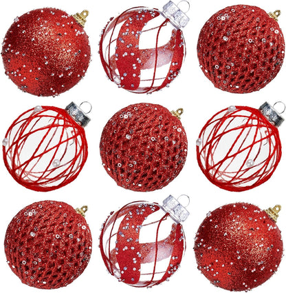 Large Shatterproof Foam Christmas Ball Ornaments - Clear Plastic Glitter Hanging Balls for Xmas Holiday Party Home Decor (Champagne) - Set of 9