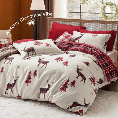 Christmas Duvet Cover Queen - Reversible Buffalo Check Printed Plaid - Includes 1 Duvet Cover and 2 Pillow Shams - Reindeer Design - Queen Size