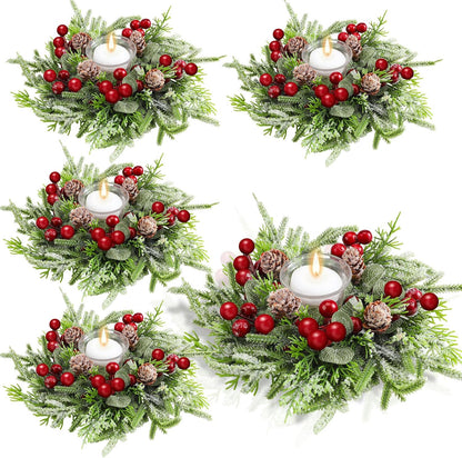 Christmas Candle Rings Wreath Norfolk Pine Garland Red Berry Pinecones Artificial Berries Snowy Pine Garland Candle Ring Holder - Set of 4