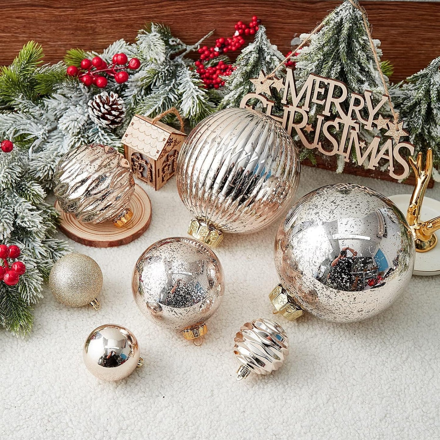 Oversized Shatterproof Plastic Christmas Ball Ornaments - Set of 2 in Champagne Color