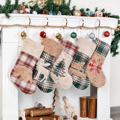 6 Pack Christmas Stocking - Red Green Plush Plaid Mix and Match Classic Rustic Farmhouse Country Cotton Fireplace Hanging Xmas Stockings for Family Holiday Season Decor