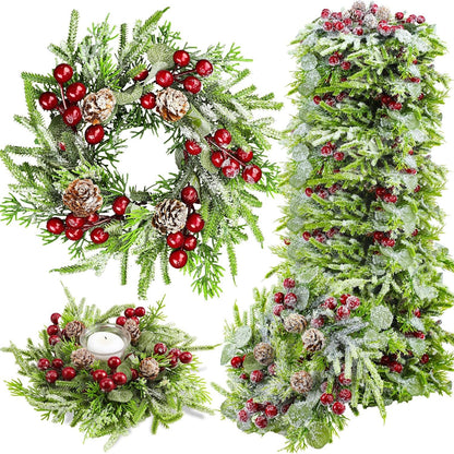 Christmas Candle Rings Wreath Norfolk Pine Garland Red Berry Pinecones Artificial Berries Snowy Pine Garland Candle Ring Holder - Set of 4