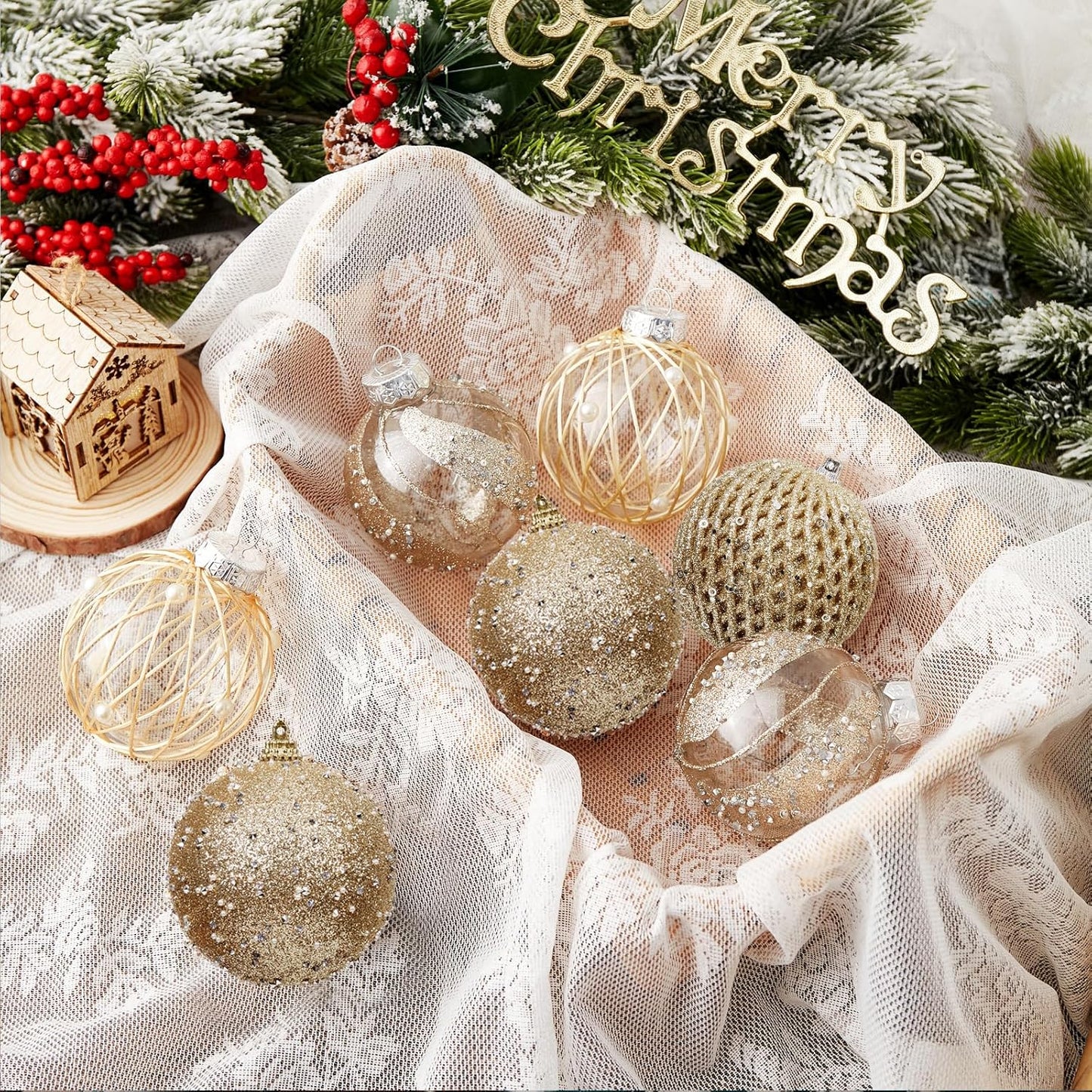 Large Shatterproof Foam Christmas Ball Ornaments - Clear Plastic Glitter Hanging Balls for Xmas Holiday Party Home Decor (Champagne) - Set of 9