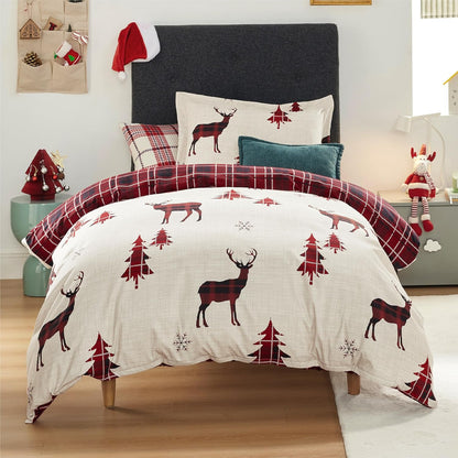 Christmas Duvet Cover Queen - Reversible Buffalo Check Printed Plaid - Includes 1 Duvet Cover and 2 Pillow Shams - Reindeer Design - Queen Size