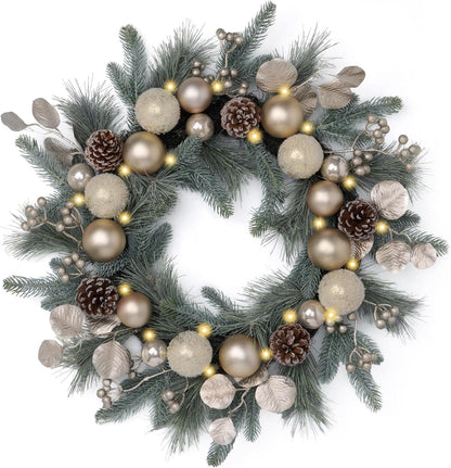 Pre-Lit Christmas Wreath with Lights and Champagne Gold Xmas Balls - 20 Inch