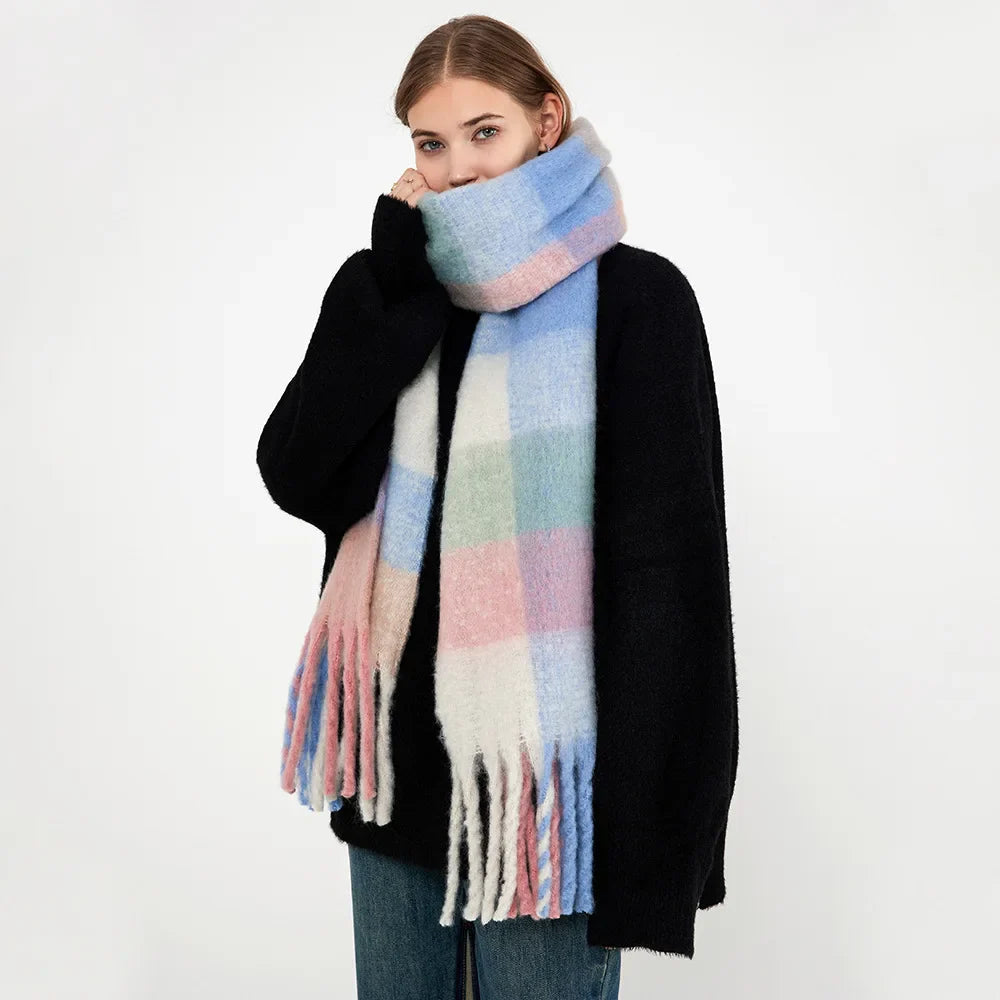 Winter Plaid Tassel Rainbow Faux Cashmere Long Muffler Scarf