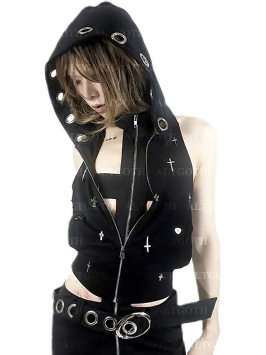 Streetwear Gothic Dark Vest Cyberpunk Cross Hooded Alt Grunge Crop Top