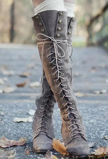 Autumn Winter Keep Warm Sewing Thread Rivet Heel Long Zipper Knee High Boots